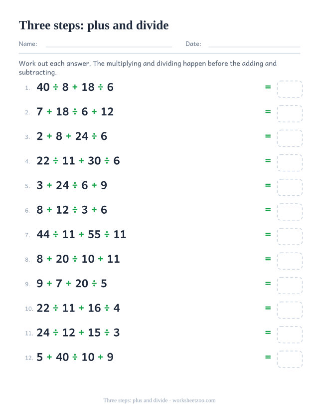 Order of operations worksheet with four numbers using plus and exact division