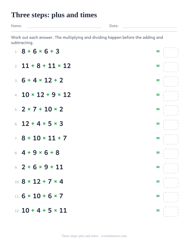 Order of operations worksheet with four numbers, plus and times only