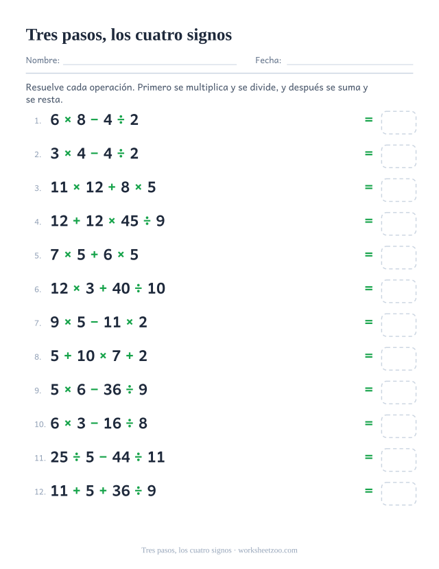 Ficha de jerarquía de operaciones que mezcla los cuatro signos en cuatro números
