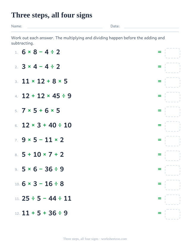 Order of operations worksheet mixing all four signs across four numbers