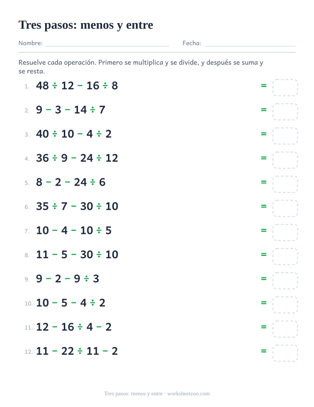 Ficha de jerarquía de operaciones con cuatro números usando menos y entre