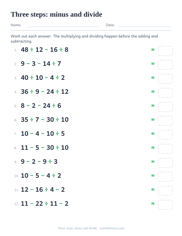 Order of operations worksheet with four numbers using minus and division