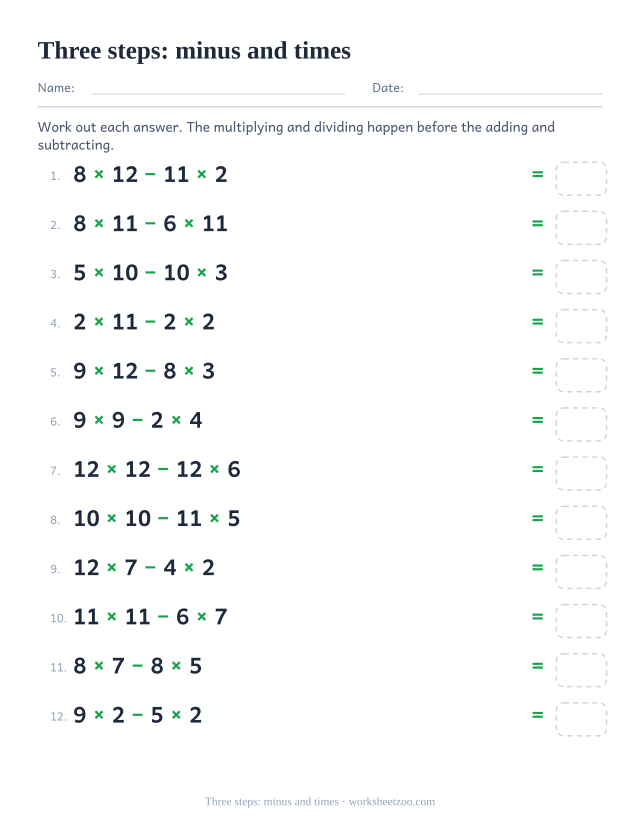 Order of operations worksheet with four numbers using minus and times