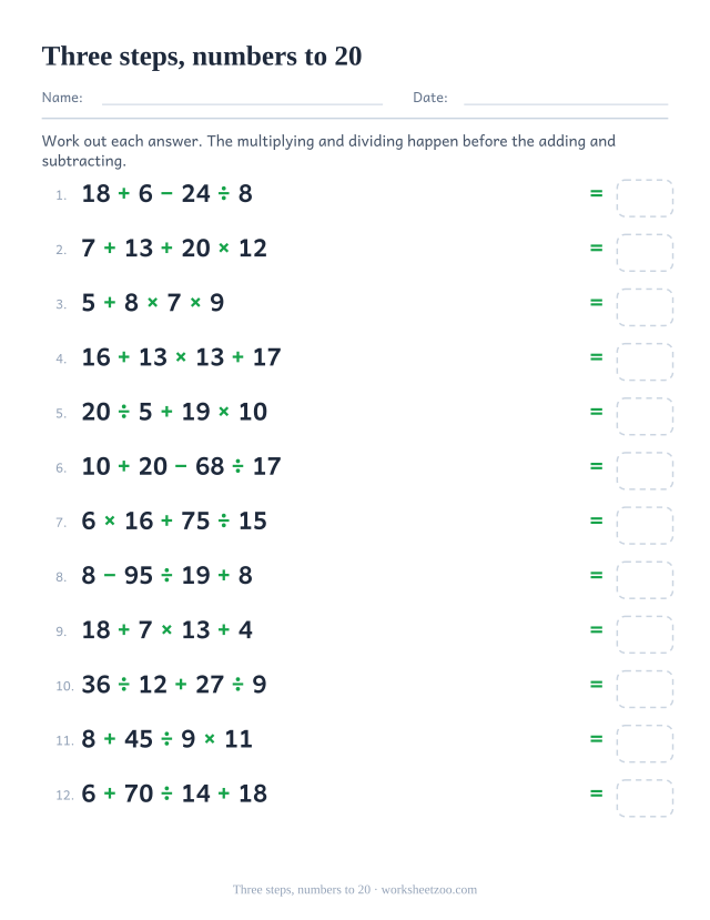 Order of operations worksheet with three operations and numbers up to twenty