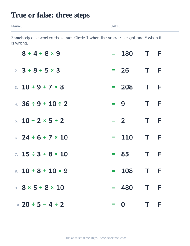 Order of operations worksheet checking three step answers as true or false
