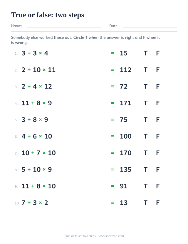 Order of operations worksheet marking two step answers true or false