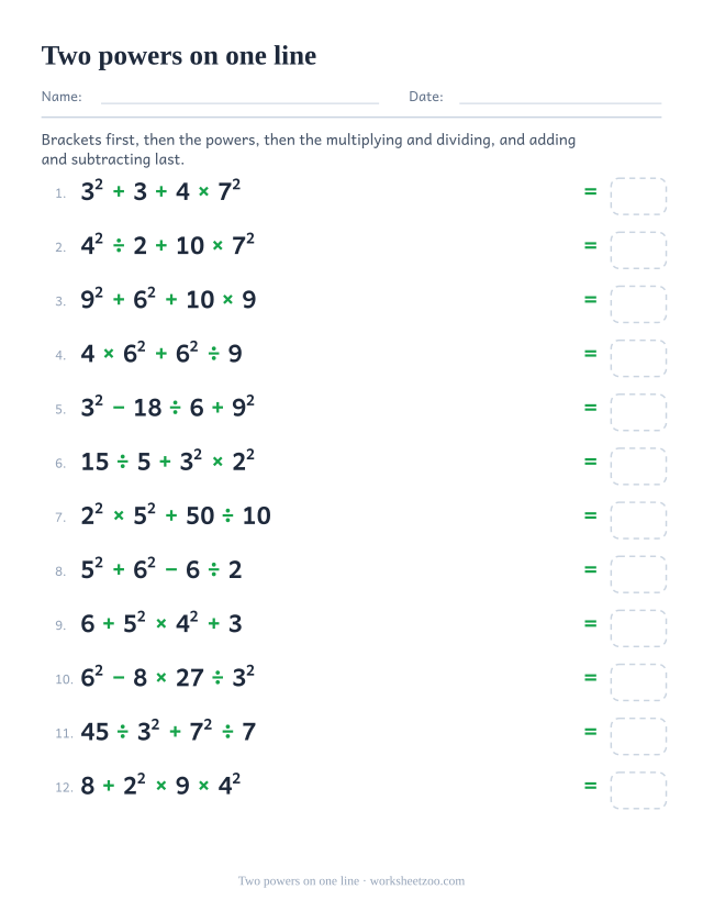 Order of operations worksheet with two powers in the same expression