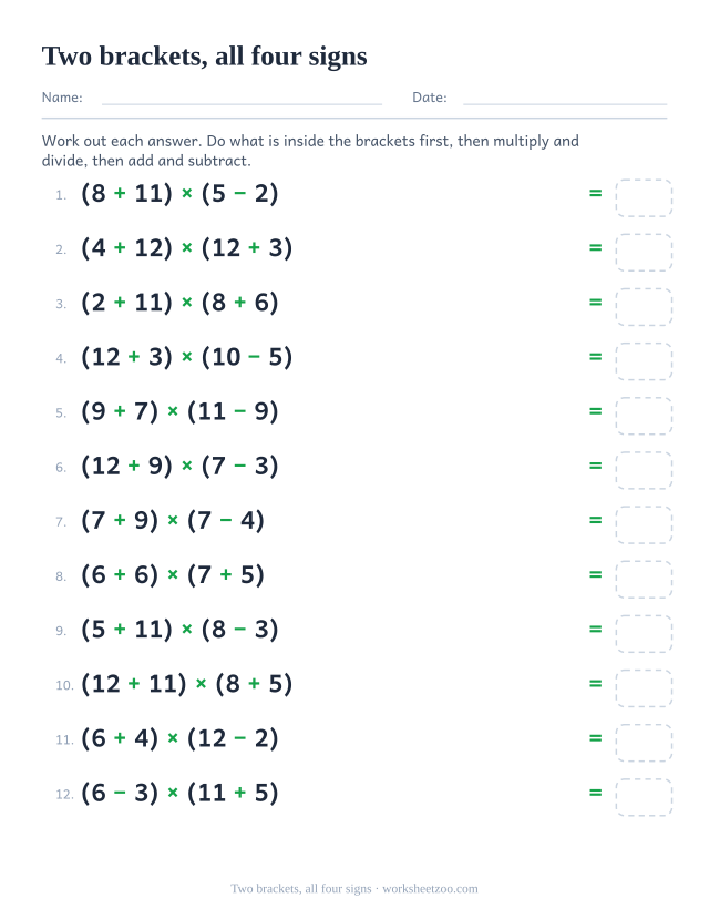 Order of operations worksheet with two bracketed pairs joined by any of the four signs