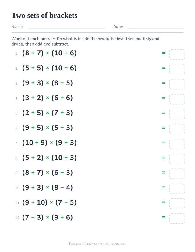 Order of operations worksheet with two separate bracketed pairs on each line