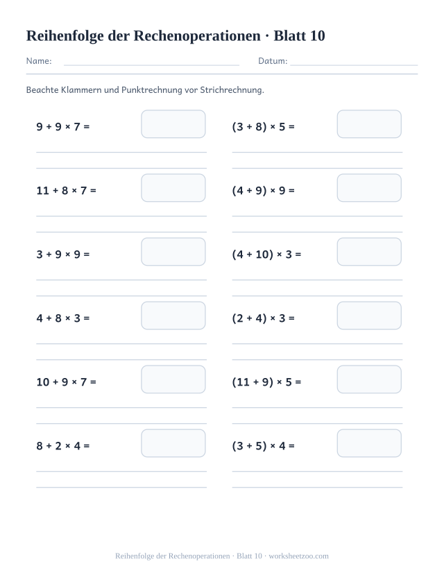 Vorschau: Reihenfolge der Rechenoperationen, druckbares Arbeitsblatt 10
