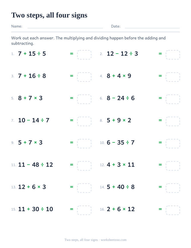Mixed order of operations worksheet with plus, minus, times and divide in two step lines