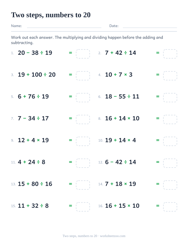 Order of operations worksheet with two operations and numbers up to twenty