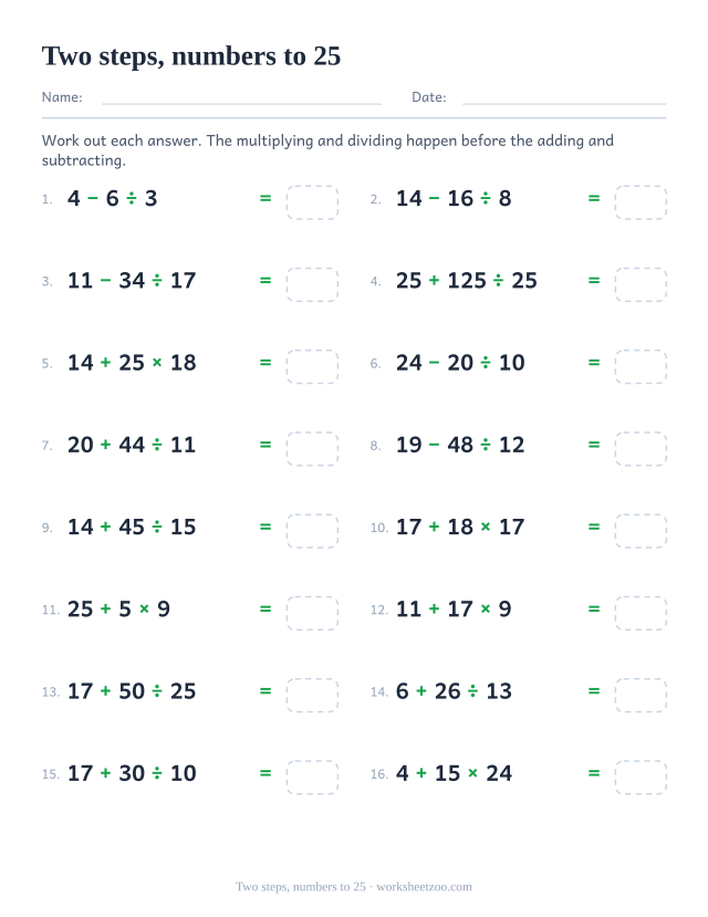 Order of operations worksheet with two operations and numbers up to twenty five