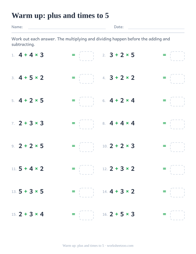 Order of operations worksheet with plus and times, all numbers under six