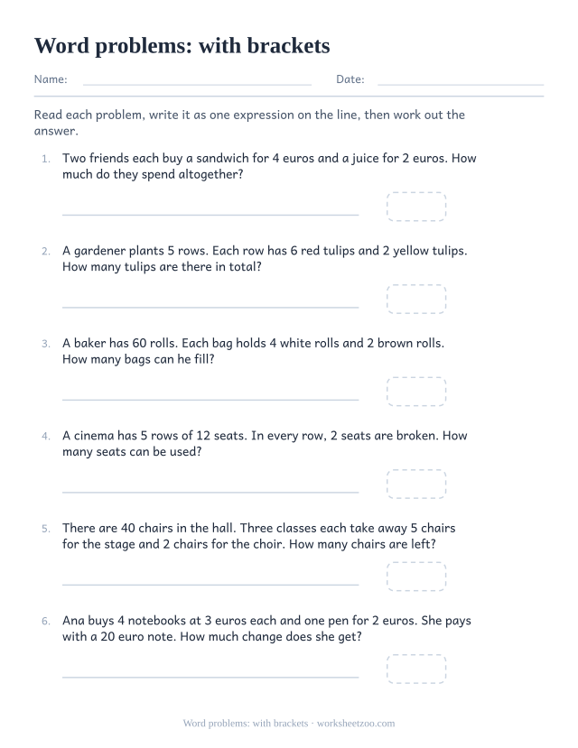 Order of operations word problems worksheet where each story needs a bracket