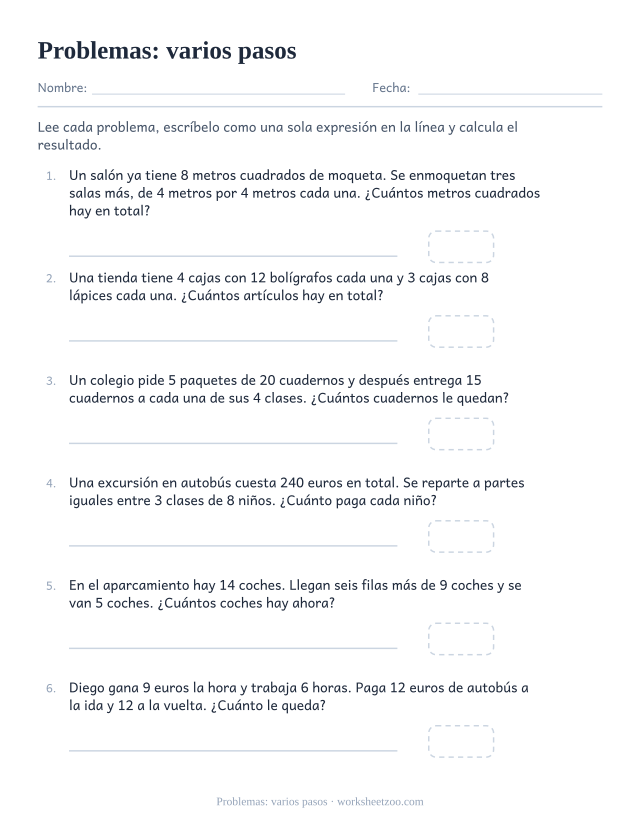 Ficha de problemas de jerarquía de operaciones de varios pasos con tres y cuatro operaciones