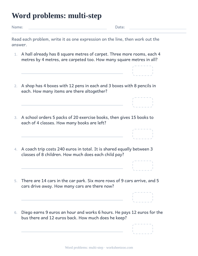 Multi step order of operations word problems worksheet with three and four operations