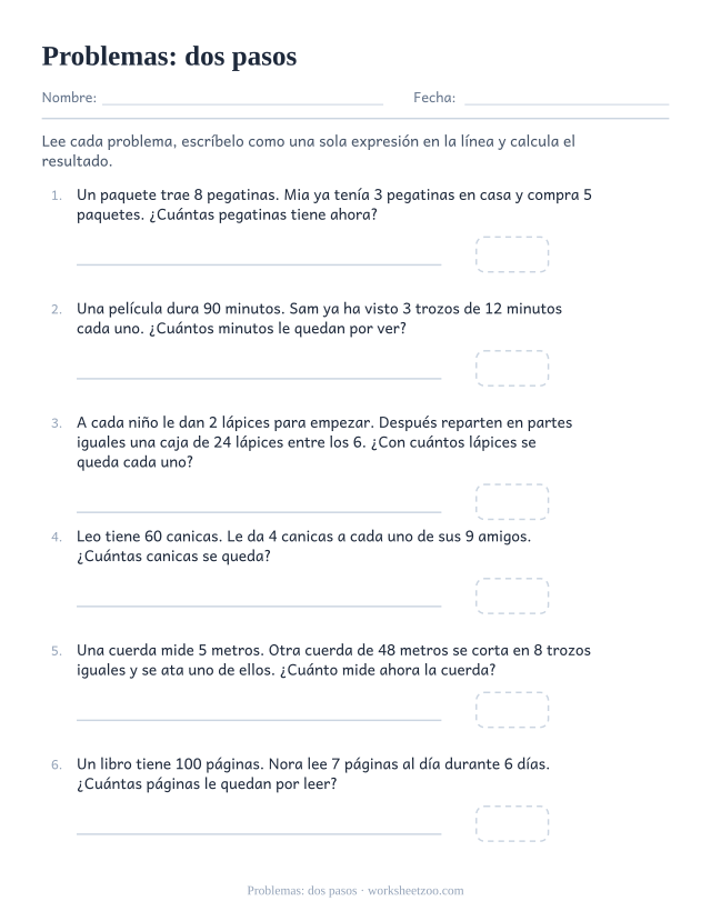 Ficha de problemas de jerarquía de operaciones con expresiones de dos pasos que escribir y resolver