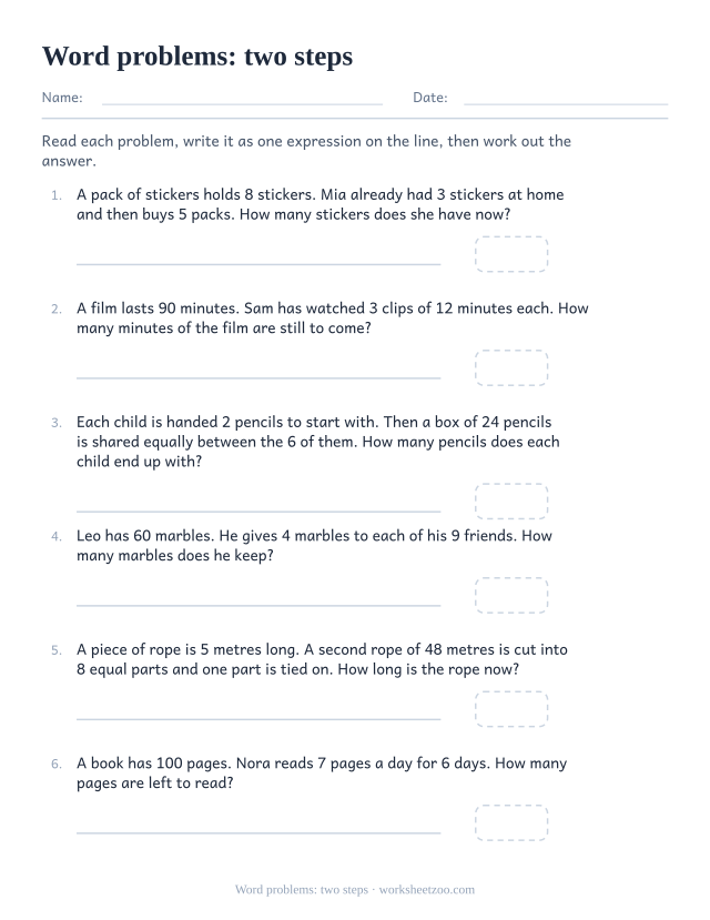 Order of operations word problems worksheet with two step expressions to write and solve
