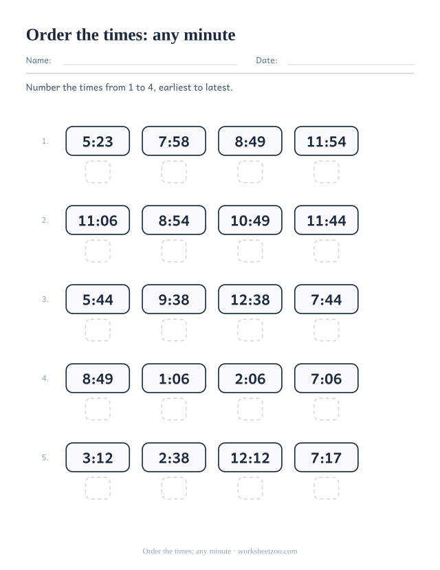 Ordering times worksheet with times to the minute for ranking practice