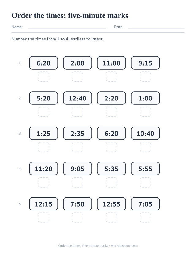 Ordering times worksheet with five-minute digital times to number one to four