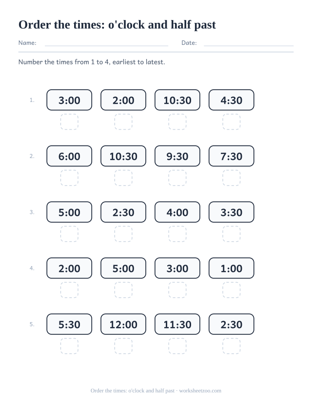 Ordering times worksheet with four digital times per row to number earliest to latest