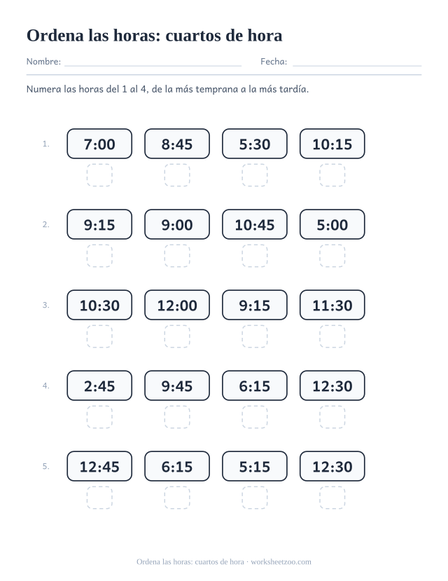 Ficha para ordenar horas digitales en cuartos de hora desde la más temprana