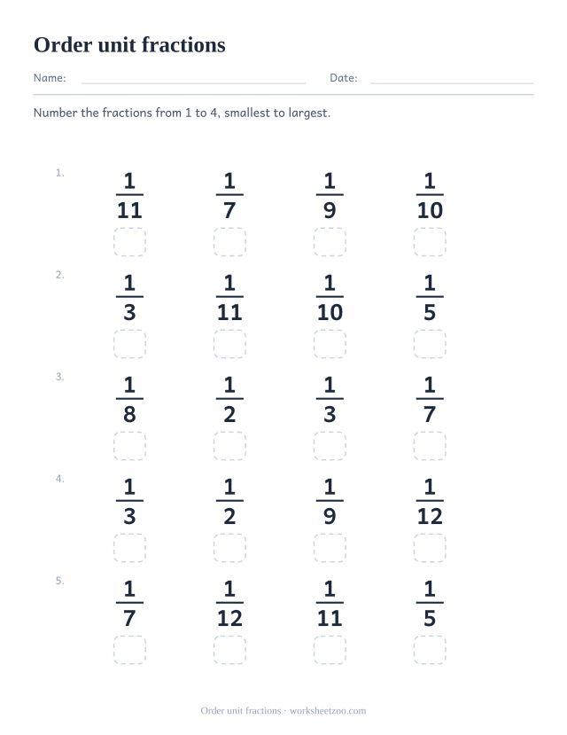 Ordering fractions worksheet with unit fractions to number from smallest to largest