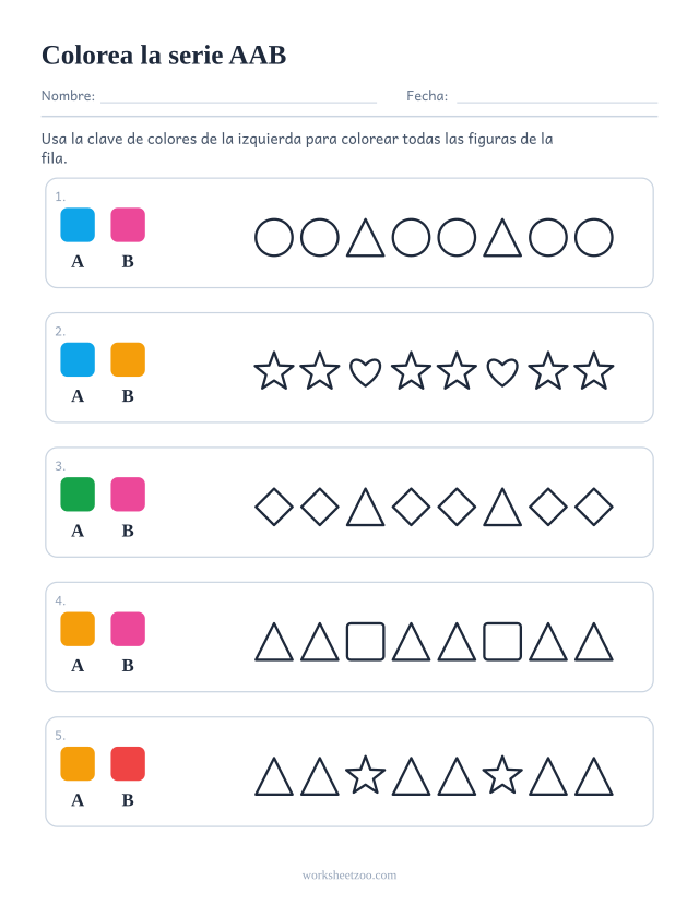 Ficha de serie para colorear, con una clave de colores AAB a la izquierda y una fila entera de figuras en contorno