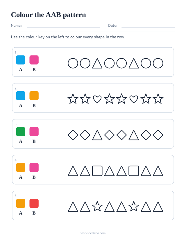 Colouring pattern worksheet, a AAB colour key on the left and a full row of outline shapes to colour