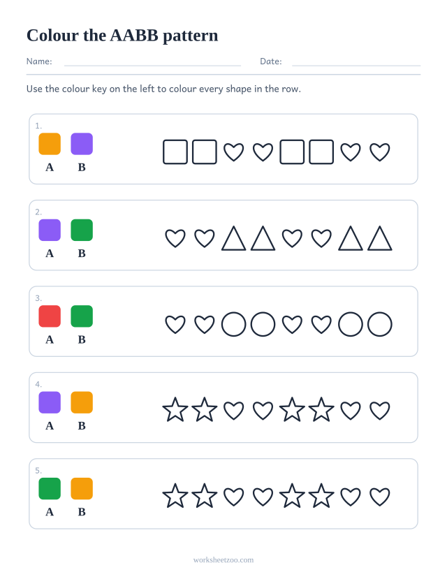 Colouring pattern worksheet, a AABB colour key on the left and a full row of outline shapes to colour