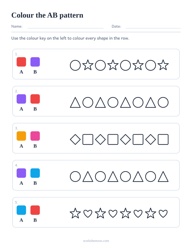 Colouring pattern worksheet, a AB colour key on the left and a full row of outline shapes to colour