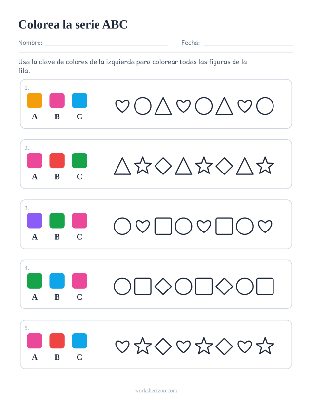 Ficha de serie para colorear, con una clave de colores ABC a la izquierda y una fila entera de figuras en contorno