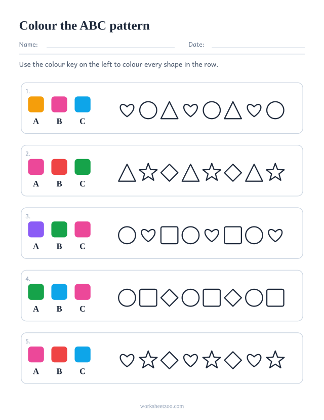 Colouring pattern worksheet, a ABC colour key on the left and a full row of outline shapes to colour