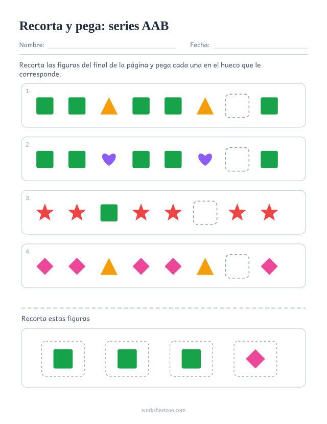 Ficha de series AAB para recortar y pegar, con cuatro filas incompletas y una tira de figuras para recortar