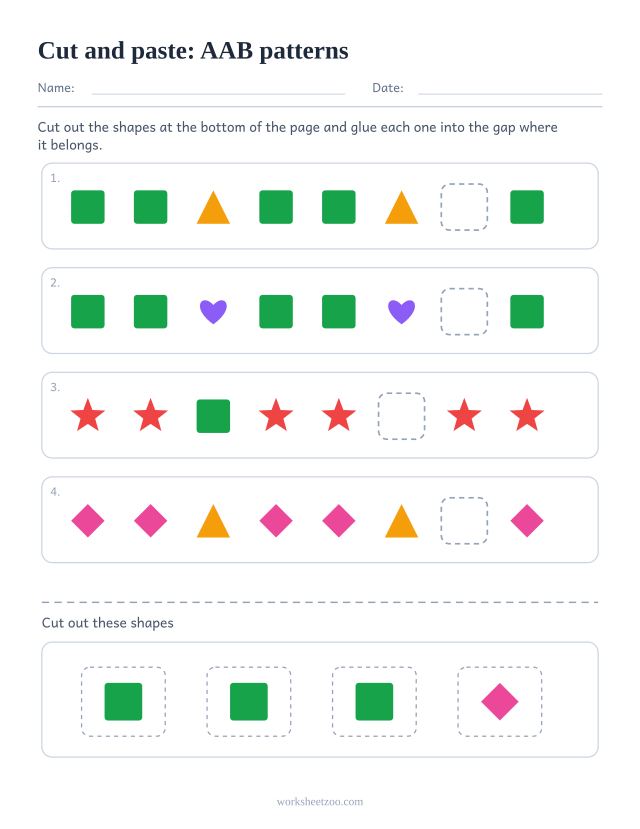 Cut and paste AAB pattern worksheet with four gapped rows and a strip of shapes to cut out below