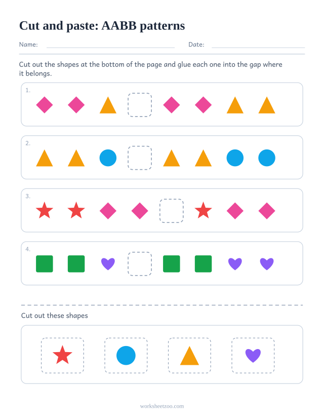 Cut and paste AABB pattern worksheet with four gapped rows and a strip of shapes to cut out below