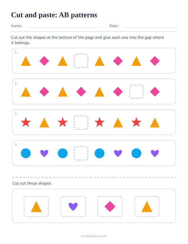 Cut and paste AB pattern worksheet with four gapped rows and a strip of shapes to cut out below