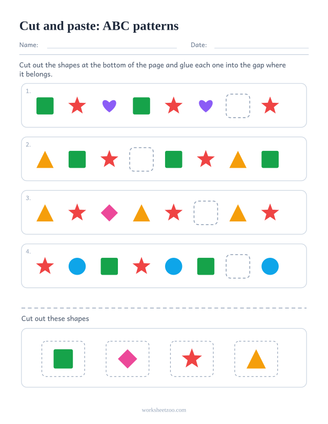 Cut and paste ABC pattern worksheet with four gapped rows and a strip of shapes to cut out below