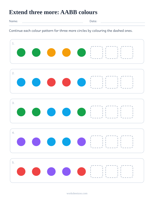 AABB pattern worksheet with three dashed boxes at the end of every row to extend the pattern