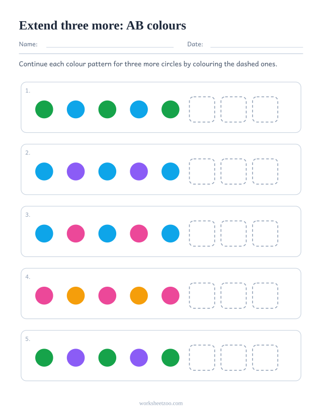 AB pattern worksheet with three dashed boxes at the end of every row to extend the pattern