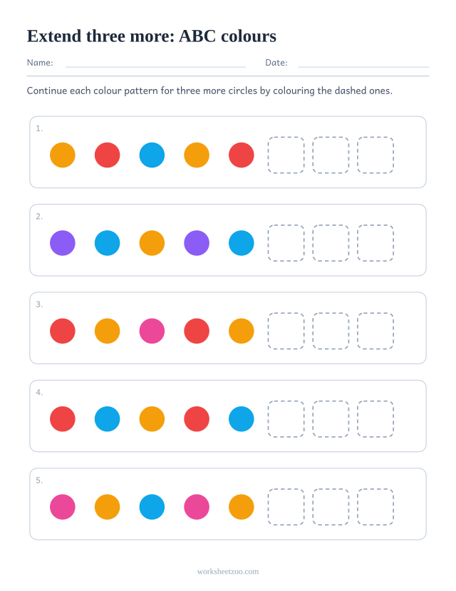 ABC pattern worksheet with three dashed boxes at the end of every row to extend the pattern