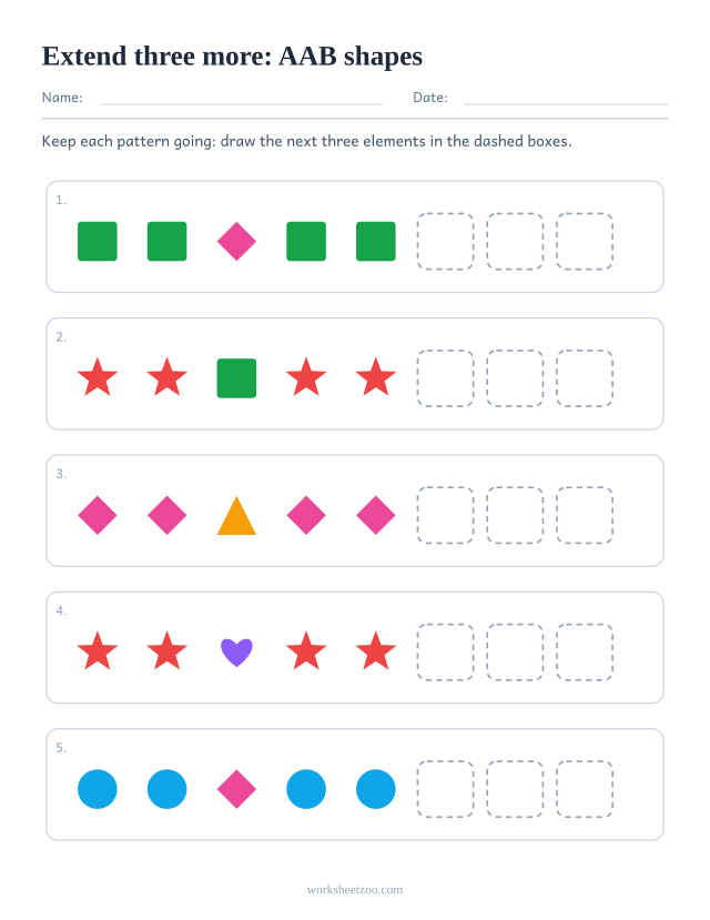 AAB pattern worksheet with three dashed boxes at the end of every row to extend the pattern