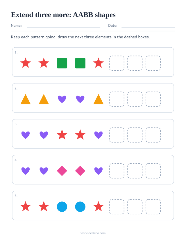 AABB pattern worksheet with three dashed boxes at the end of every row to extend the pattern