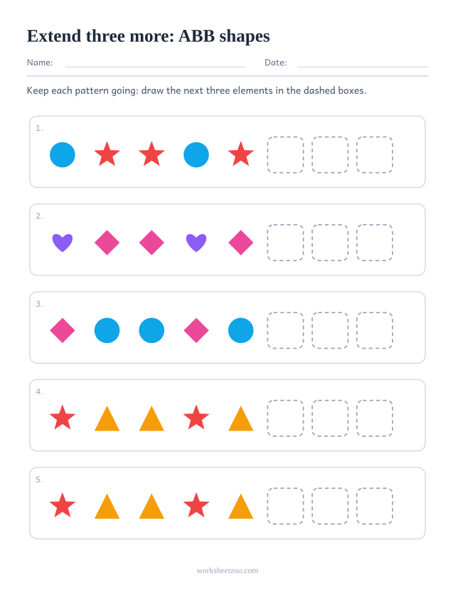 ABB pattern worksheet with three dashed boxes at the end of every row to extend the pattern