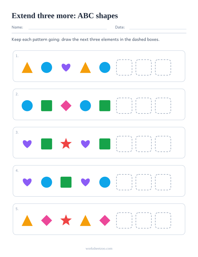 ABC pattern worksheet with three dashed boxes at the end of every row to extend the pattern