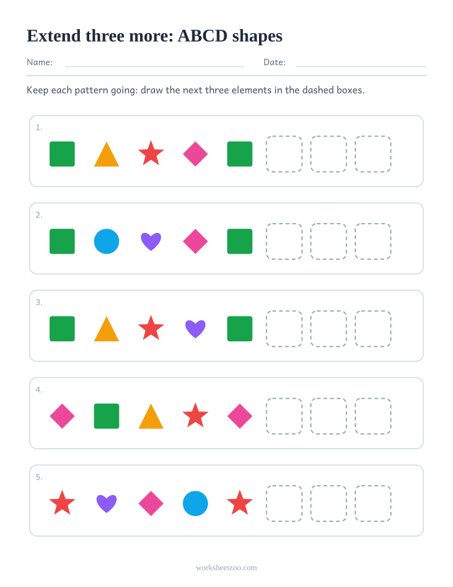 ABCD pattern worksheet with three dashed boxes at the end of every row to extend the pattern