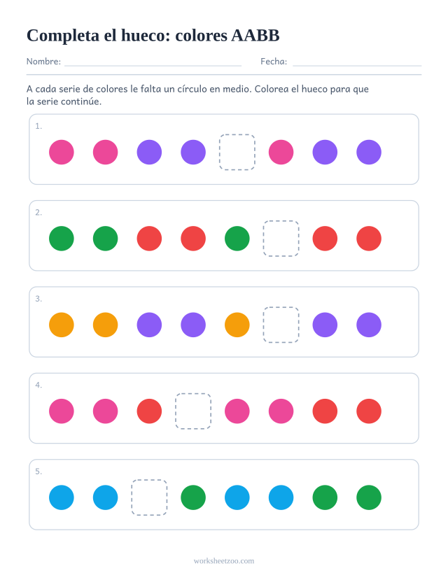 Ficha de series AABB con el elemento que falta en medio de la fila y no al final