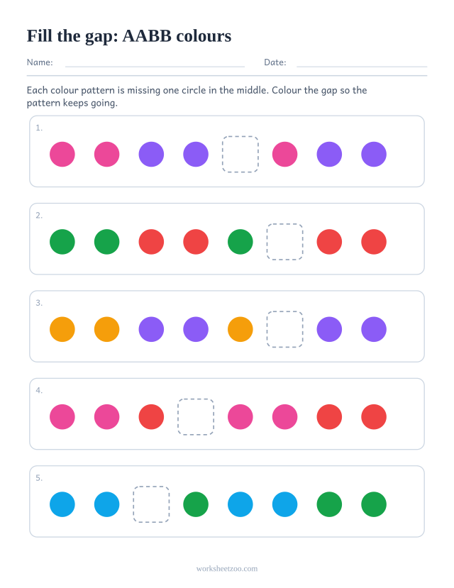 AABB pattern worksheet with the missing element in the middle of the row rather than at the end