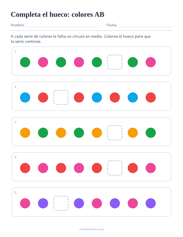 Ficha de series AB con el elemento que falta en medio de la fila y no al final